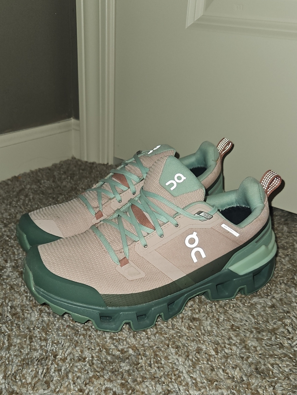 On Running Women's Trail Sneakers in Pink Blush and Forest Green